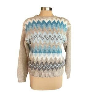 One Step Up VTG Hand Knitted Ramie Sweater Tan Blue Fair Isle Sweater Size LARGE